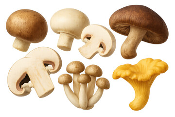 Assorted fresh edible mushrooms including shiitake, chanterelle, portobello, and cremini, isolated with transparent background