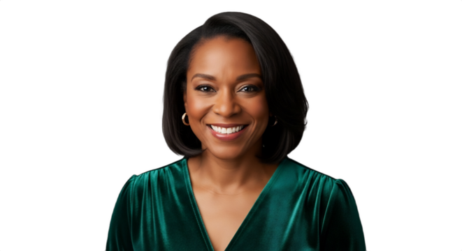 A smiling 42-48-year-old Black woman, a holiday event planner, in an elegant dark green velvet top. Isolated on transparent background. Perfect for professional profiles, festive marketing,