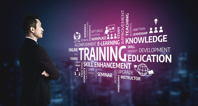 A professional man stands thoughtfully as visual elements of training and education surround him, showcasing concepts related to knowledge, skill development, and career growth. Tessel