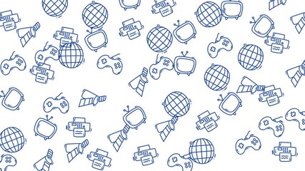 Pattern of game consoles, tvs, printers, and globes. Suitable for gaming industry blog posts, technology websites, or educational materials.