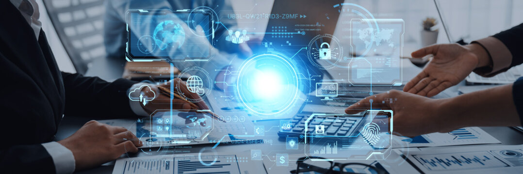 A futuristic command center interface for managing a global technology platform. The dashboard includes data security, network administration, and biometric user authentication. Fermion
