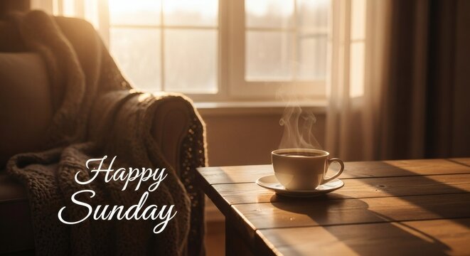 Happy Sunday Greetings: Cozy Hygge Scene with Steaming Coffee, Armchair, and Sunlight by Window