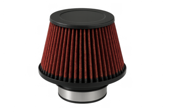 Red cone air filter for car engine performance and cold air intake system on transparent background