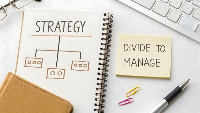 Notebook with Strategy Diagram and Management Note in Flatlay
