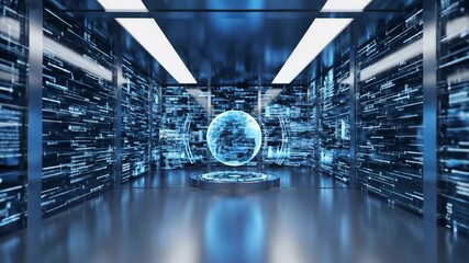 A hightech data center with servers and a glowing globe hologram in the center - Powered by Adobe