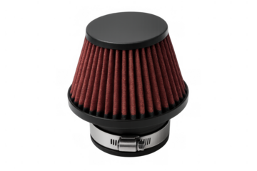 Performance cone air filter for improved engine power and tuning, automotive part increasing vehicle airflow on transparent background