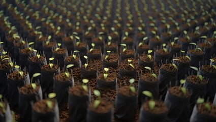 Fototapeta premium Seedlings sprouting in black plastic bags symbolizing new beginnings and growth