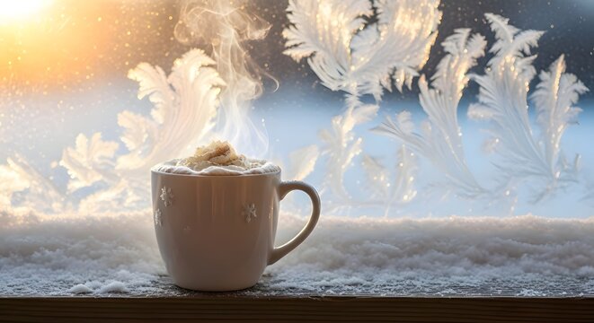 Cup of hot drink on wooden board in winter