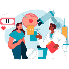 Doctor Consulting Patient About Reproductive Health With Medical Equipment In Background Light Blue And Teal Color Palette Flat Illustration Style