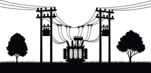 Naklejka premium Utility poles with transformer unit, vector illustration of electrical distribution system, power lines and insulators, outdoor energy infrastructure silhouette, industrial electricity grid design