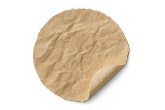 Round beige crumpled paper sticker with a peeled corner, creating a distressed empty label for text or price on transparency