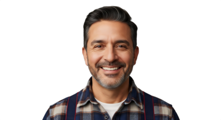 Smiling 48-53-year-old Hispanic man, a firewood supplier in a flannel shirt and suspenders, for home heating, lumber, or seasonal advertising. Isolated on transparent background, ideal for fall,