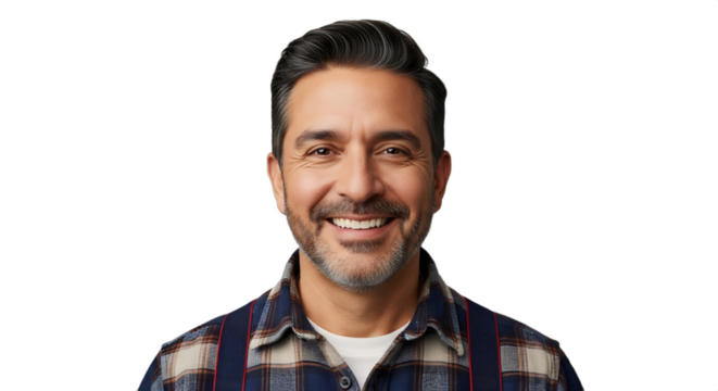 Smiling 48-53-year-old Hispanic man, a firewood supplier in a flannel shirt and suspenders, for home heating, lumber, or seasonal advertising. Isolated on transparent background, ideal for fall,