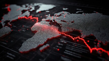 Detailed Abstract World Map Design with Red Data Points and Lines Illustrating Global Connectivity and Technology © MORONARI42