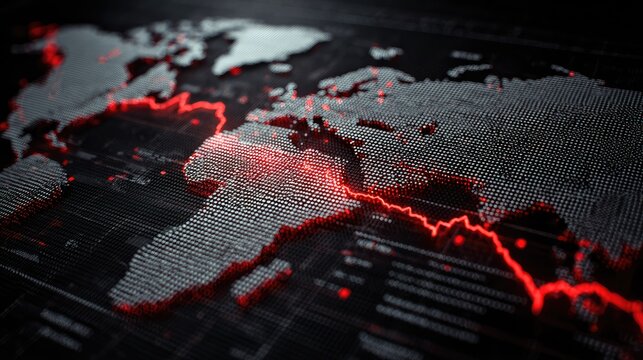 Detailed Abstract World Map Design with Red Data Points and Lines Illustrating Global Connectivity and Technology