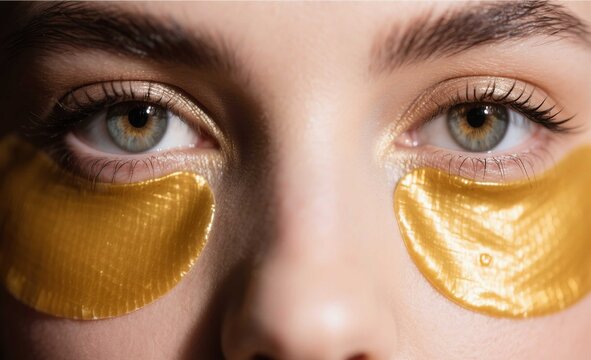 The Golden Gaze: A close-up shot of a person with captivating eyes, adorned with luxurious, gold under-eye patches for an enhanced look.