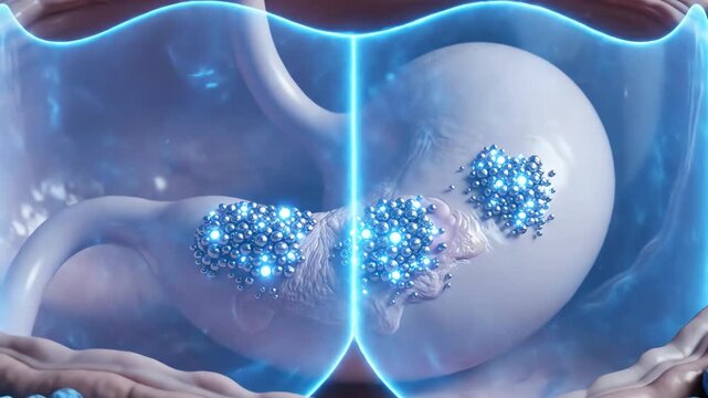 Stomach lining healing under probiotic influence, glowing bacteria creating radiant blue shields of protection