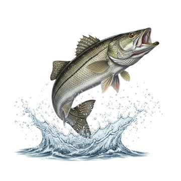 Snook fish ascending from liquid expanse in a dynamic aqueous illustration isolated