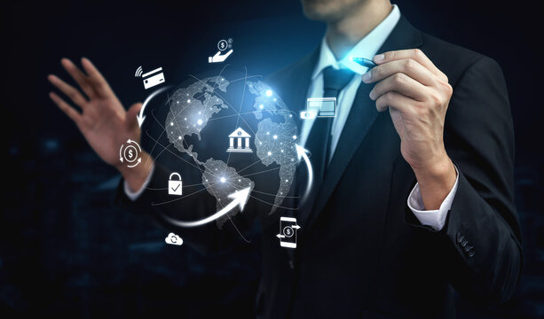 Worldwide digital payment network showing secure financial transactions. Digital payment supports transfer, digital payment ensures security, boosts convenience, drives global finance. Vouch