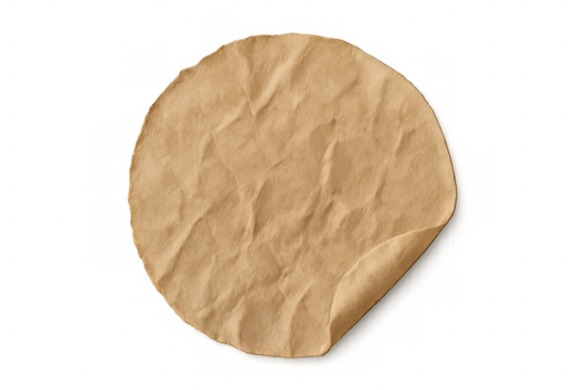 Round brown wrinkled paper with curled corner showing texture, an aged craft surface with transparent background