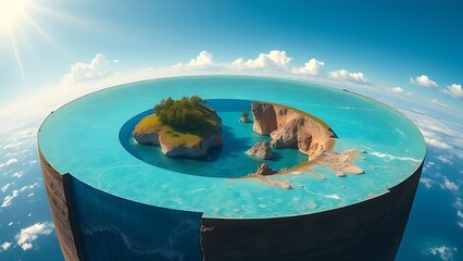 A cutaway Earth core reveals an azure ocean with floating islands, defying natural laws.