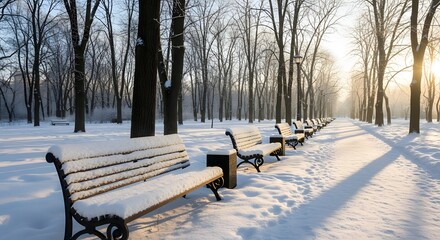 Snow covered benches in winter park scenery