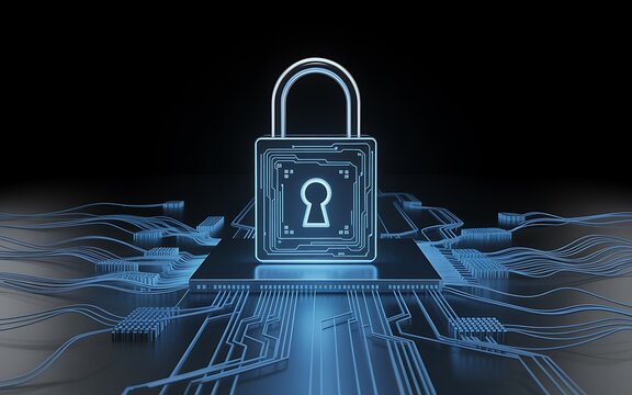 Cyber Security Padlock on Microchip Technology Background
