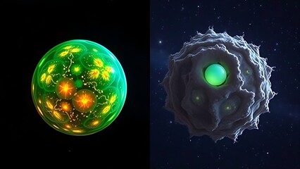 Two stem cells side by side—one vibrant on Earth, the other withered in starry space.