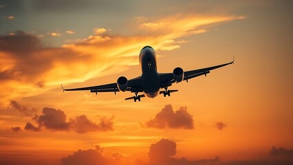 Airplane ascending at sunset with golden clouds, dramatic sky.