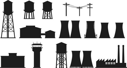 Industrial infrastructure silhouettes set, water towers and cooling towers vector illustration,