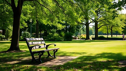 A serene park bench sits empty amidst lush greenery under natural daylight.