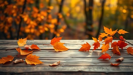 Wooden table with autumn orange leaves in a rustic seasonal composition.