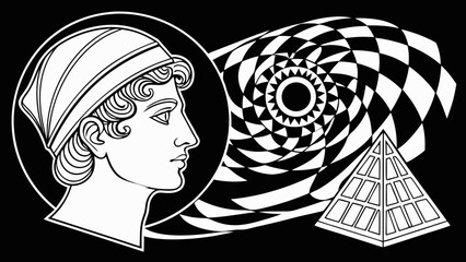 Illustration of a man in profile next to a spiral design and a pyramid in black and white style vreated with genrated ai