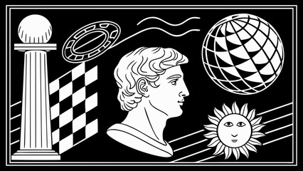 Illustration of a bust, column, globe, and sun in a black and white graphic design style art piece vreated with genrated ai