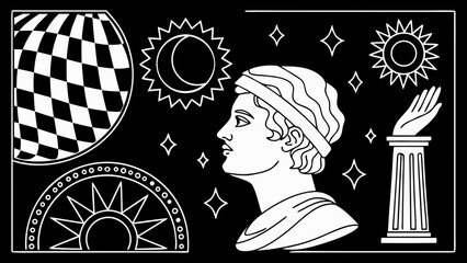 Illustration featuring a bust, celestial bodies, a checkered sphere, and a hand on a pedestal vreated with genrated ai