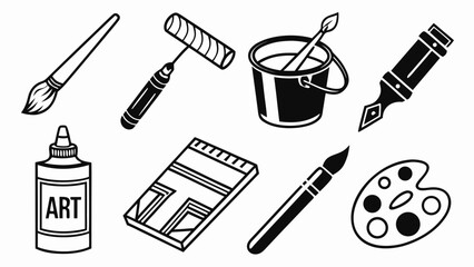 Illustration of art supplies including paint brushes, paint roller, palette, and art glue bottle vector vreated with genrated ai