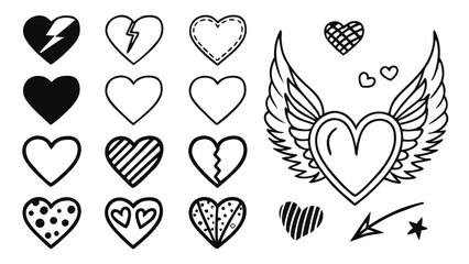 Collection of hearts with different designs including wings and broken hearts in black and white style vreated with genrated ai