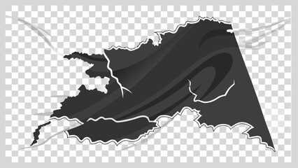 Black tattered fabric piece with jagged edges torn and floating on a transparent checkered background vreated with genrated ai