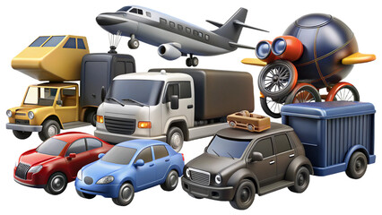 A collection of various toy vehicles including cars trucks and an airplane on a plain background vreated with genrated ai