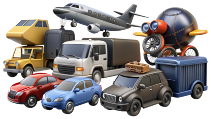 A collection of various toy vehicles including cars trucks and an airplane on a plain background vreated with genrated ai