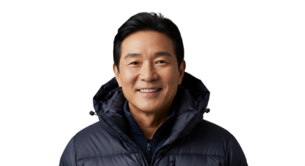 Smiling East Asian man, 50-60s, ice sculptor in insulated jacket, professional headshot. Isolated on transparent background, ideal for winter event promotions, holiday ads, craft features,