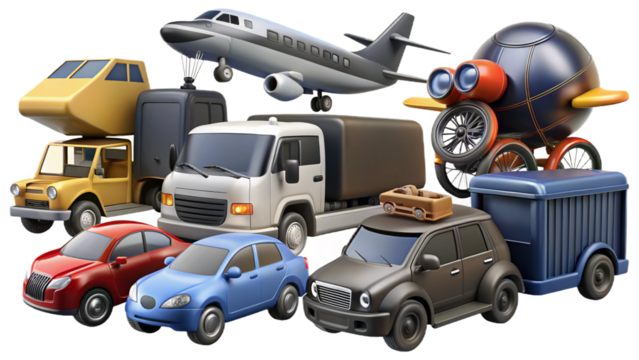 A collection of various toy vehicles including cars trucks and an airplane on a plain background vreated with genrated ai