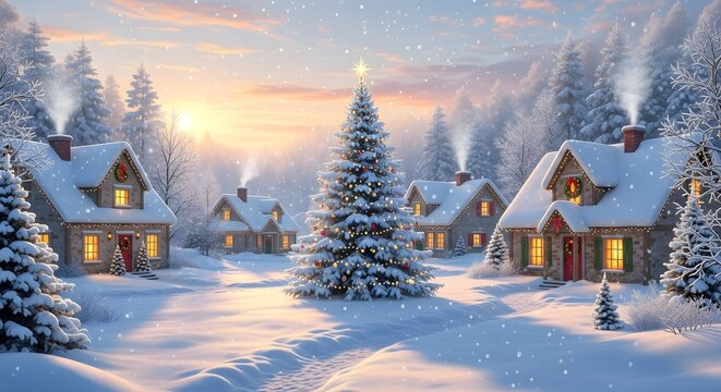 Snow covered christmas village with decorative tree art