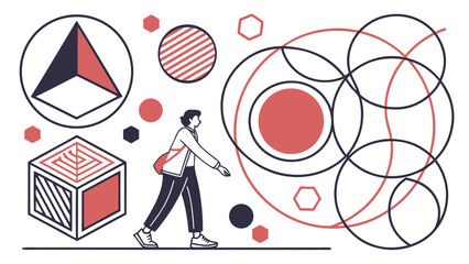 Person walking with geometric shapes including circles, triangles, hexagons and a cube in red and black vreated with genrated ai