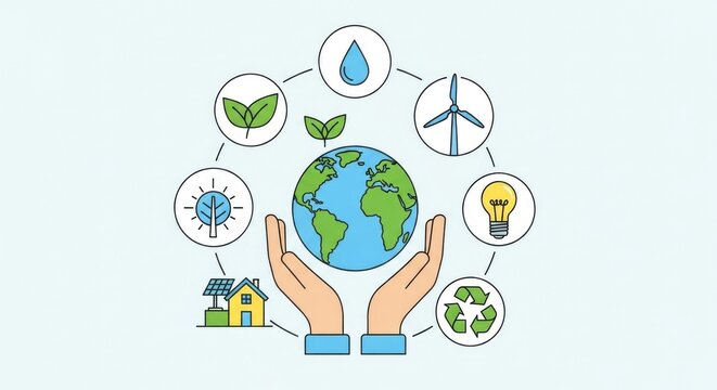 Illustration of hands holding the Earth surrounded by icons representing renewable energy and environmental conservation.