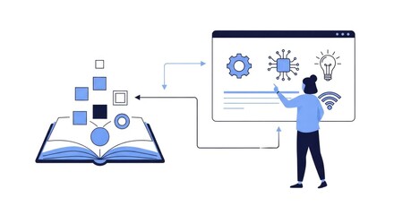 Illustration of a person interacting with a digital interface connected to an open book, symbolizing knowledge and technology integration.