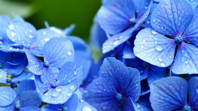 Hydrangea Bloom: Close-Up of Vibrant Blue Petals with Water Droplets