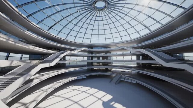 A modern multilevel white interior with a glass dome roof featuring staircases and open spaces under bright sunlight