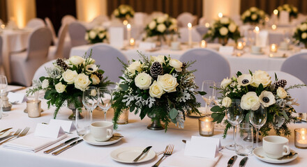 Winter wedding table florals with white cloth and plain place cards; elegant seasonal setup