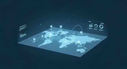 A futuristic digital world map with data visualizations and interconnected nodes, representing global connections.